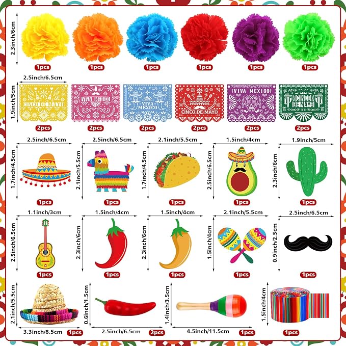 33PCS Mexican Cake Decorations Mexican Cake Topper with Mini Papel Picado Banner Serape Ribbon cactus Taco and Flower Cakes Decor for Fiesta Themed Party Decorations Baby Shower