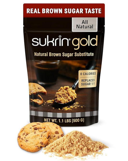 SUKRIN GOLD 100% Natural Sugar Free Brown Sugar Substitute with Erythritol & Stevia Brown Sugar Zero Calorie Sweetener, Granulated Gluten Free Non-GMO Kosher Blood Sugar Vegan Keto Friendly, 1.1LB Bag