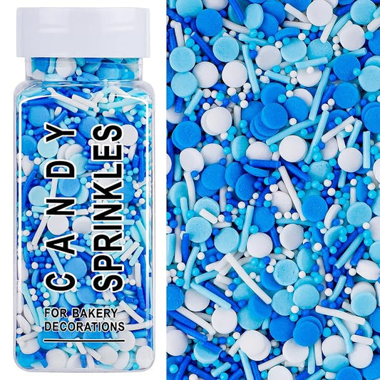Blue Sprinkles for Cake Decorating, 4.6oz Ice Cream Sprinkles 3-Mix Nonpareils Confetti Jimmies for Cupcakes Ice Cream Dessert