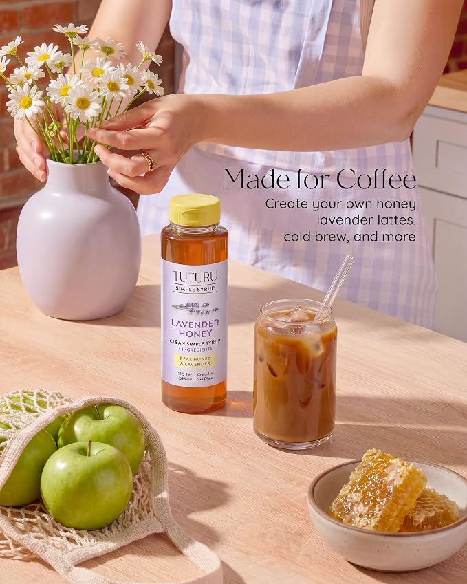Lavender Honey Simple Syrup for Coffee, Cocktails, Tea, Matcha - Clean Simple Syrup with Real Lavender & Honey - 13.5 oz