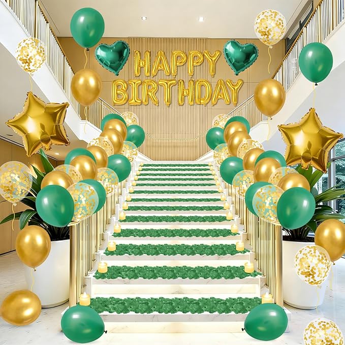Green Gold Happy Birthday Balloons Decorations Gold Green Birthday Balloon Letters Banner with Star Heart Balloons 1000 Pcs Artificial Rose Petals 24 Flameless LED Candles for Birthday Party Supplies