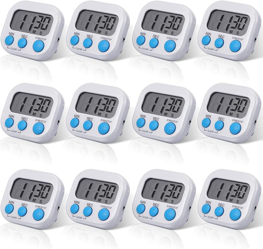 Weewooday 12 Pcs Digital Kitchen Magnetic Timer Bulk Classroom Count up Countdown Timer Large Digits Egg Loud Alarm Cute Desk Stopwatch for Teacher Kids Cooking Office(White,Stylish Style)