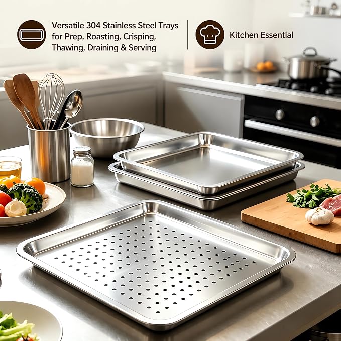 17.5" Half Sheet Baking Pan & Crisping Tray, 18/8 Stainless Steel | 2-Pack, Heavy Duty, Commercial Grade 304SS, 2" Deep Solid & 1" Perforated Tray, For Roasting Draining, Oven & Dishwasher Safe