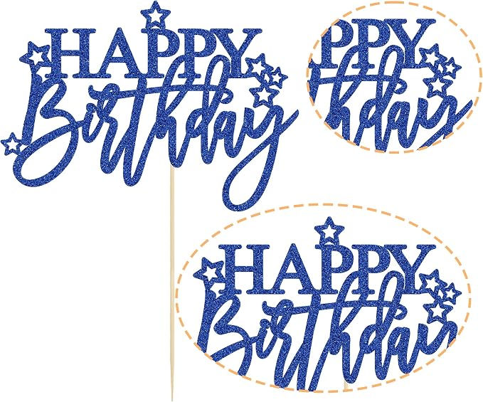 Gyufise 1Pcs Happy Birthday Cake Topper Glitter Happy Birthday Cake Pick for Celebrating Happy Birthday Anniversary Theme Party Cake Decorations Supplies Light Deep Blue