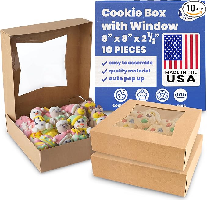 MT Products Kraft Cookie Boxes 8" x 8" x 2.5" - Bakery Boxes with Window (Pack of 10) - Made in USA