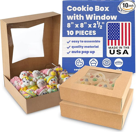 MT Products Kraft Cookie Boxes 8" x 8" x 2.5" - Bakery Boxes with Window (Pack of 10) - Made in USA