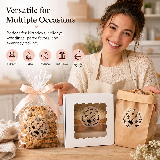 100 Baked with Love Stickers, Bakery Stickers, Baking Stickers & Cookie Stickers for Homemade Treats, Sourdough Bread, Pastry Packaging, Clear Black Foil Labels for Gift Bags & Small Business, 1.6''