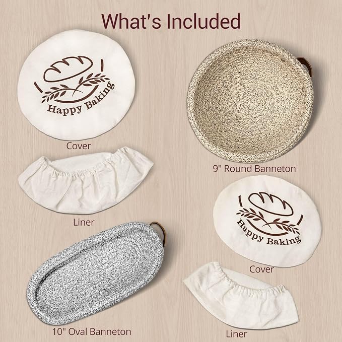 Sourdough Proofing Basket - Banneton Bread Proofing Basket, 9" Round & 10" Oval Cotton Rope Banneton Basket Set with Liners & Covers for Bread Baking