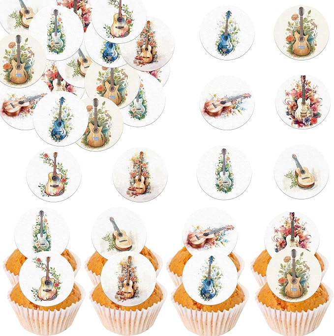 36PCS Edible Guitar Cupcake Toppers Wafer Paper Music Instrument Cake Picks Music Guitar Birthday Cake Topper Musician Cupcake Picks for Concert Theme Party Decor