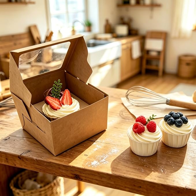 Jotique Cupcake Boxes with Window, 30 Sets 4.5x4.5x3 Inch Kraft Paper Bakery Boxes for Single Cupcake, Cookies and Muffins, Sturdy Disposable Treat Boxes for Individual Pastry, Baked Good, Gift Giving