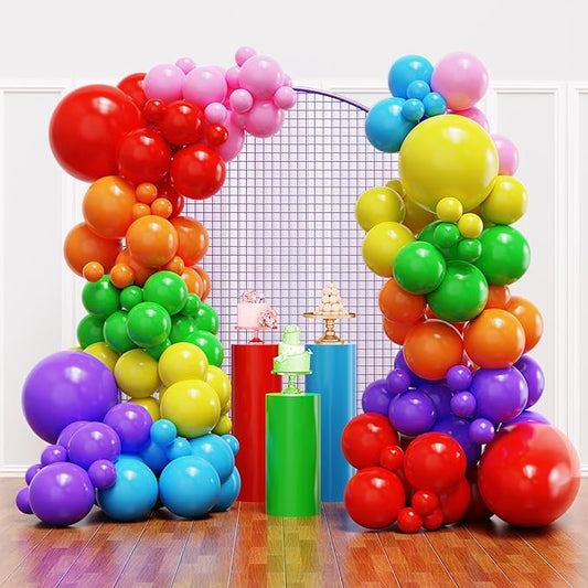 YMSZ Rainbow Colorful Balloons Arch Kit, 136pcs Red Blue Green Yellow Party Balloons with Different Size for Birthday, Baby Shower, Anniversary Party Decorations