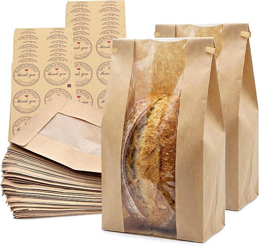 Pack of 160 Sourdough Bags for Homemade Bread with Tin Tie Tab Lock，for Large Paper Bread Bags for Sourdough Bread 14" x 8.3" x 3.5"，Round Sourdough Bread Bags Paper with Clear Front Window