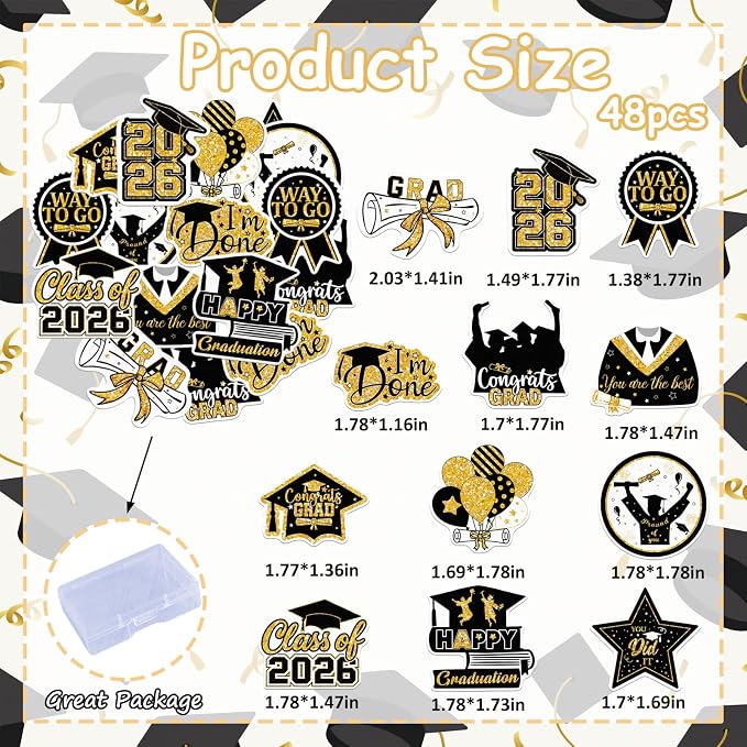 48pcs Edible 2026 Graduation Cupcake Toppers Wafer Paper Gold Class of 2026 Cake Decorations Edible Congrats Grad Cupcake Picks for 2026 Graduation Theme Party Cake Supplies