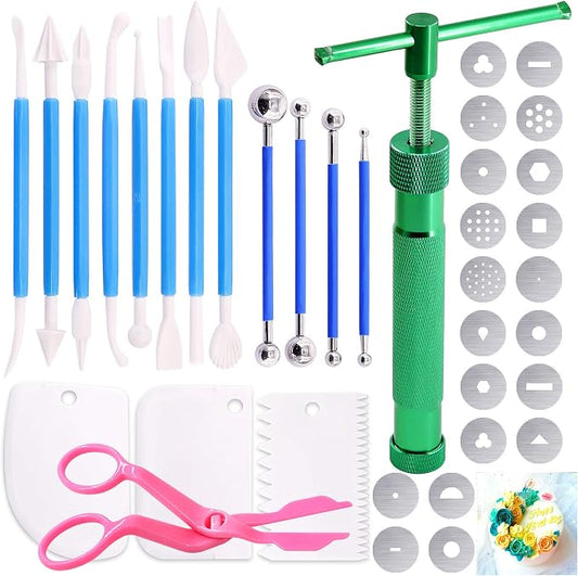 Keadic 37 Pieces Green Clay Fondant Extruder Cake Decorating Supplies Sugar Modeling Tool Set, Clay Extruder Gun with 20 Tips Sugar Extruder Disks & Ball Stylus Dotting Tool