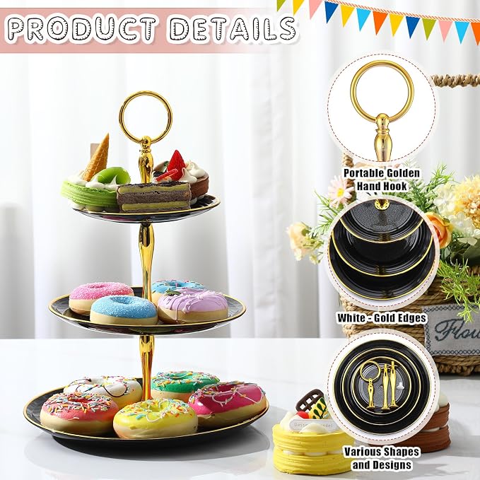 Teenyyou 8 Pack 3 Tier Cupcake Stand Bulk Tiered Dessert Stand Thick Plastic Serving Tray with Gold Edges Dessert Table Display Set Tea Cake Holder for Wedding Birthday Party(Black,Round)
