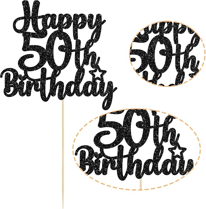 Gyufise 1Pc Happy 50th Birthday Cake Topper Glitter 50 & Fabulous Cheers to 50 Years Old 50th Birthday Cake Pick for Celebrating 50th Birthday Anniversary Party Cake Decorations Black