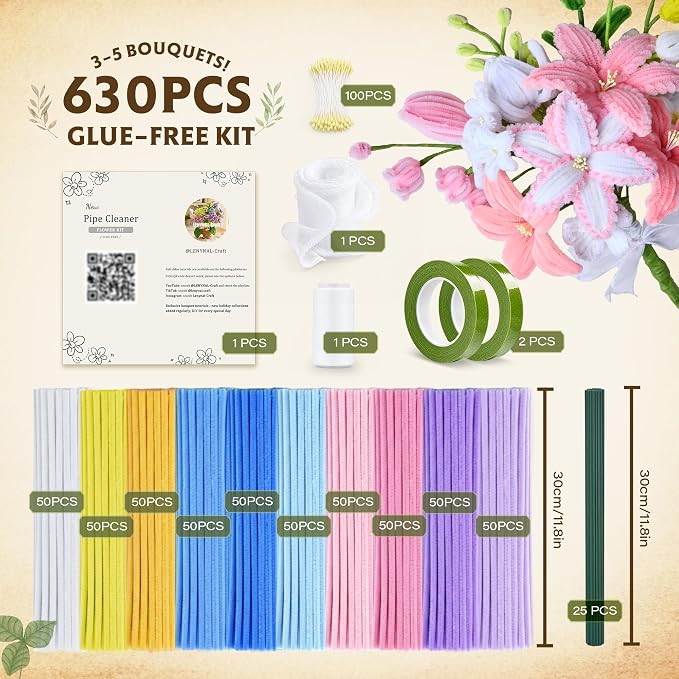 LENYNAL 500 Pcs Pipe Cleaners Bulk Craft, 10 Colors Pastel Pipe Cleaner Flower Kit, Glue-Free & Safe for Kids, Step-by-Step Tutorial, Chenille Stems for Flower Making