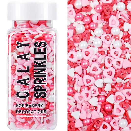 Valentines Sprinkles for Baking, Edible Pink, Red and White Heart Sprinkles with Pearl Jimmies Stars for Valentines Cake Cookies Cupcake Decorating Baking Toppings
