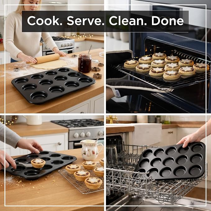 Wrenbury Pro 12 Cup Mince Pie Tin – Carbon Steel Mincemeat Baking Tray | Non Stick Shallow Muffin Pan for Patty Cakes and Jam Tarts