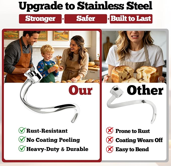 Stainless Steel Spiral Dough Hook for KitchenAid Tilt-Head Stand Mixer, Dough Hook Attachment Compatible with 4.5QT & 5QT Mixers, Dishwasher Safe, Efficient Kneading for Bread, Pizza & Pasta Dough | Heavy-Duty Construction Rust Resistant Food-Grade Eas...