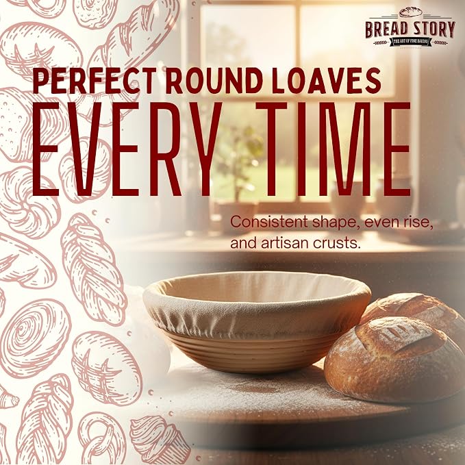 Bread Story Round Banneton Bread Proofing Basket Set – Handmade Rattan Brotform Dough Bowl with Cloth Liner, Sourdough Tools & Baking Supplies for Home Bakers – Baking Kit, 10 Inch