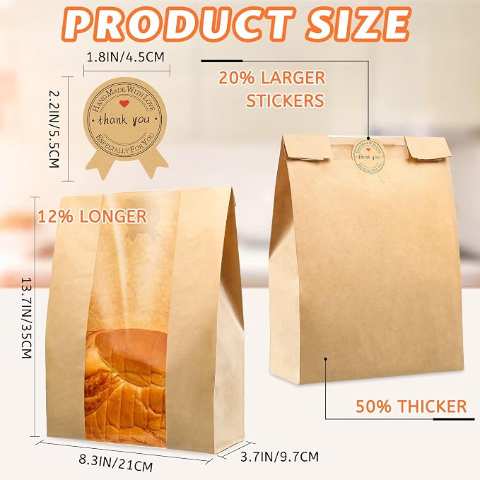 100 Pcs Bread Bags for Homemade Bread, Sourdough Paper Bags With Window, 50% Thicker 13.7x8.2x3.7in, A Large Bakery Bag Used for Storage Sourdough & Snacks, 110 Cute Sealing Stickers With Ties