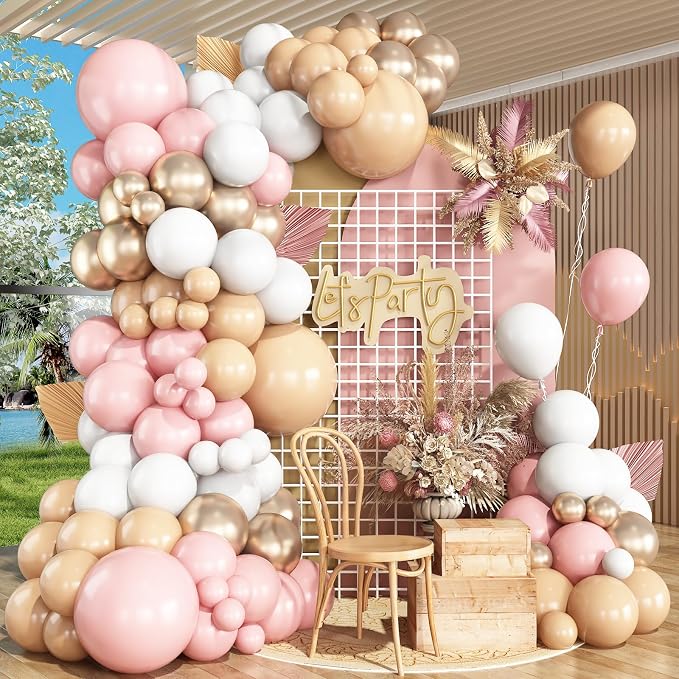 Dusty Pink White Nude Balloon Garland Arch Kit, 144pcs Pink and Gold Balloons for Boho Engagement Wedding Bridal Shower Birthday Party Decorations
