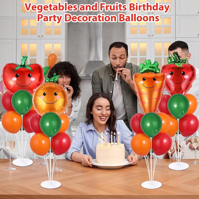 4 Sets Vegetable Fruit Party Balloons Stand Kit with Smiling Carrot Strawberry Foil Balloons Tables Centerpiece Smiling Orange Tomato Balloon for Vegetable Fruits Farmers Market Parties Decorations