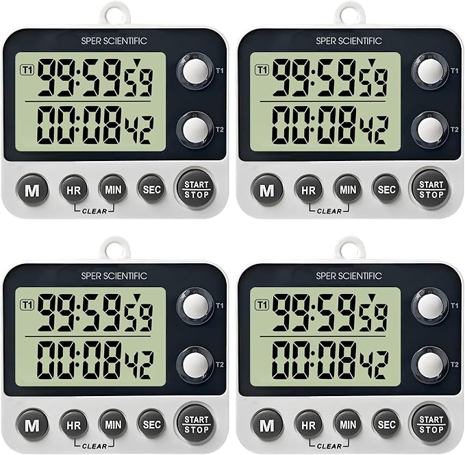 Sper Scientific 2 Channel Digital Lab + Kitchen Timer with Color Coded LED Lights 810002 – Dual Countdown Timer with Large Display, Loud Alarm & Clock Mode - for Cooking, Labs & More - 4 pc
