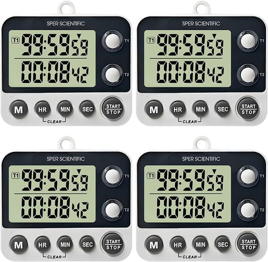 Sper Scientific 2 Channel Digital Lab + Kitchen Timer with Color Coded LED Lights 810002 – Dual Countdown Timer with Large Display, Loud Alarm & Clock Mode - for Cooking, Labs & More - 4 pc