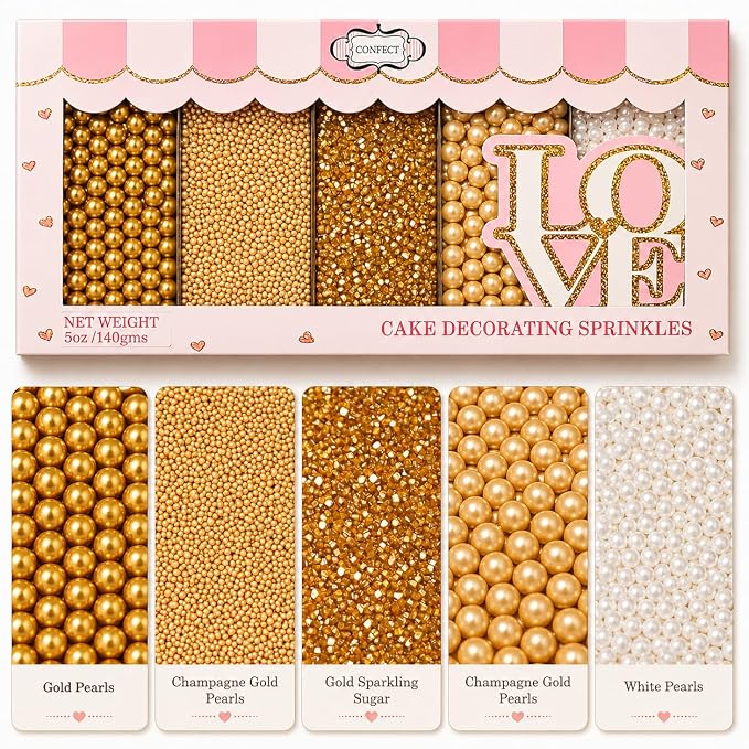 Confect Pearl Sprinkles | Christmas | Golden Sunshine Disco Ball Mashup Mix Champagne Gold Dragees Golden Sparkling Sugar - Vegan, Gluten-Free, Nut-Free, Soy-Free, Dairy-Free, Palm Oil-Free, No Artificial Dyes - 5 Oz