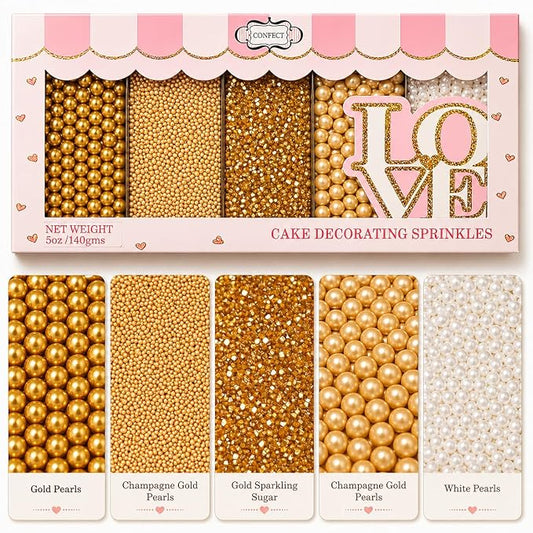 Confect Pearl Sprinkles | Christmas | Golden Sunshine Disco Ball Mashup Mix Champagne Gold Dragees Golden Sparkling Sugar - Vegan, Gluten-Free, Nut-Free, Soy-Free, Dairy-Free, Palm Oil-Free, No Artificial Dyes - 5 Oz