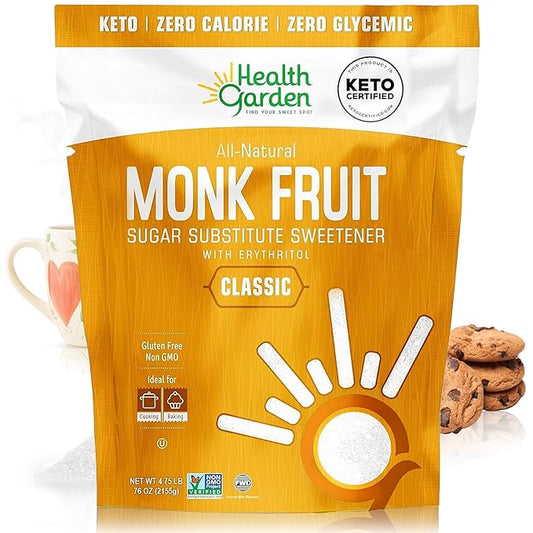 Health Garden Monk Fruit Sweetener, Classic Sugar Substitute – 76 oz Bag – 1:1 Monk Fruit Sugar Substitute with Erythritol, Zero Calorie Monkfruit Sweetener for Baking and Coffee, Keto Friendly, Non-GMO