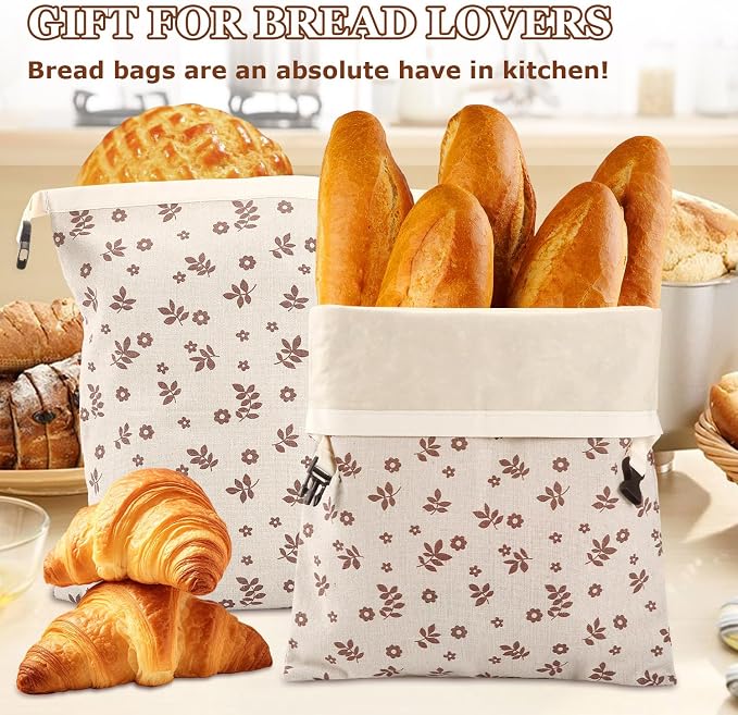 Beeswax Bread Bags, Reusable Linen Organic Beeswax Bread Bags for Sourdough, Keep Freshand and Large Capacity Sourdough Loaf Bag, Coffee Leaf Print Design Storage Bag for Gift