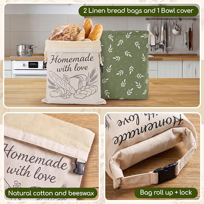 Mindsoft Beeswax Bread Bag for Sourdough, 12×15" Reusable Linen Dough Bag with Buckle, 10" Proofing Bowl Cover, Natural Beeswax Bread Storage for Homemade Sourdough Breads Freshness Freezer
