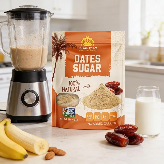 Royal Palm Pure 100% Date Sugar – Natural Sweetener & Palm Sugar Alternative - Vegan, Gluten-Free, Non-GMO & Kosher - Ideal for Baking, Coffee & Cooking - 16 oz
