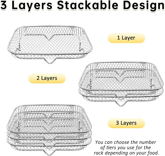 7.6 x 5.3 Inch Air Fryer Rack Set of 3 - Stackable Stainless Steel Air Fryer Basket Accessories for Baking Oven Steamer, Rectangle