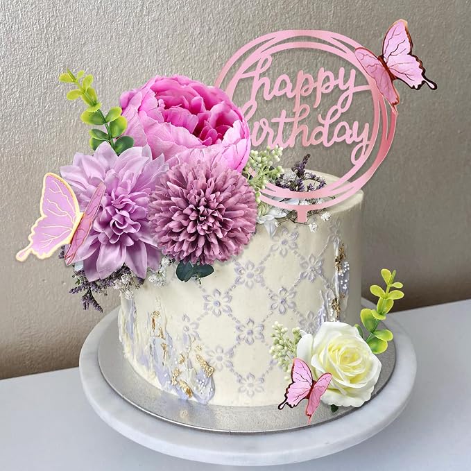 14 PCS Butterfly Cake Toppers Happy Birthday Cake Decorations with Artificial Purple Flowers Eucalyptus Butterflies for Girls Birthday Party Wedding Baby Shower Supplies (Purple)