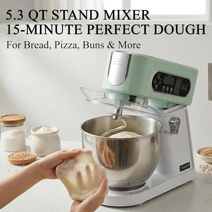 5.3 Qt 9-Speed Tilt-Head Stand Mixer, Multi-Function Electric Mixer | 3 Mixing Attachments, Meat Grinder & Vegetable Slicer, Stainless Steel Bowl, Splash Guard, Easy Clean, Spearmint