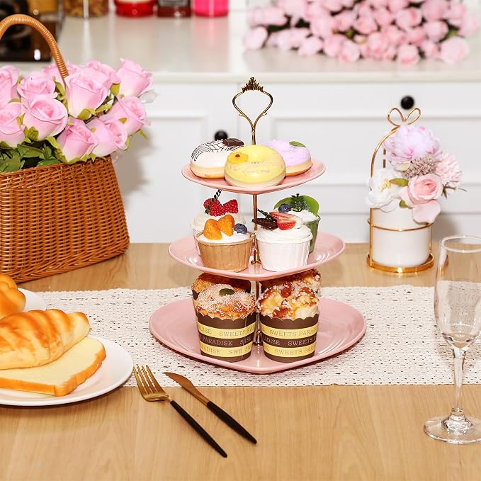Layhit 2 Pack Wedding 3 Tier Cupcake Stand Heart Shaped 3 Tiered Serving Trays for Party Plastic Tray Dessert Cupcake Stand for Tea Party Baby Shower Wedding (Pink)