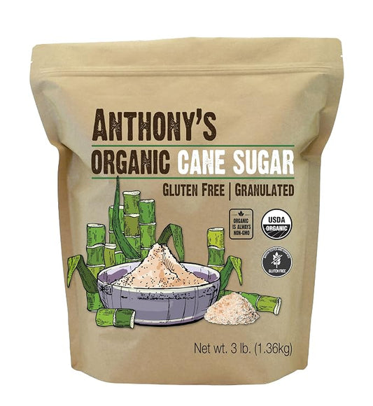 Anthony's Organic Cane Sugar, 3 lb, Granulated, Gluten Free & Non GMO