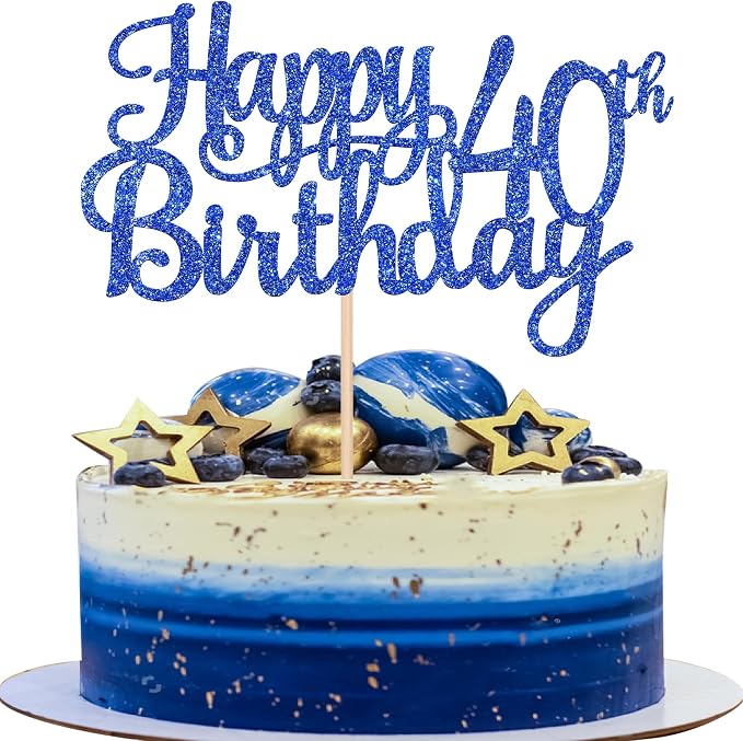 1 PCS Happy 40th Birthday Cake Topper Glitter Cheers to 40 Years Birthday Cake Pick 40 Fabulous Cake Decoration for Happy 40th Birthday Anniversary Party Decorations Supplies Blue