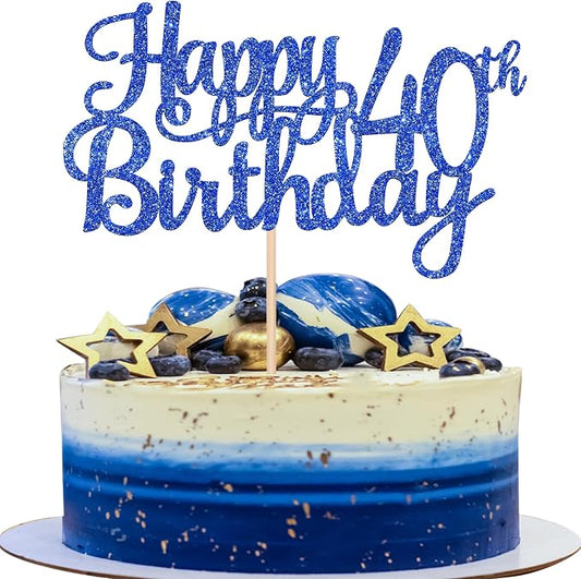 1 PCS Happy 40th Birthday Cake Topper Glitter Cheers to 40 Years Birthday Cake Pick 40 Fabulous Cake Decoration for Happy 40th Birthday Anniversary Party Decorations Supplies Blue
