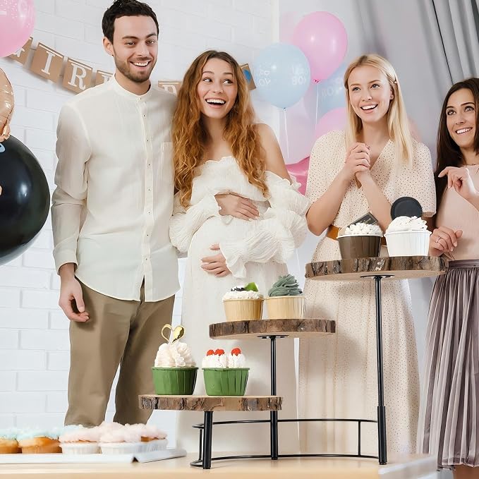 Chunful Staircase 3 Tier Round Natural Wood Cupcake Dessert Stand, Cup Cake Tower Stand Holder, Wooden Cake Display Tiered Centerpiece for Party, Birthday, Wedding, Baby Shower, Holiday Decoration