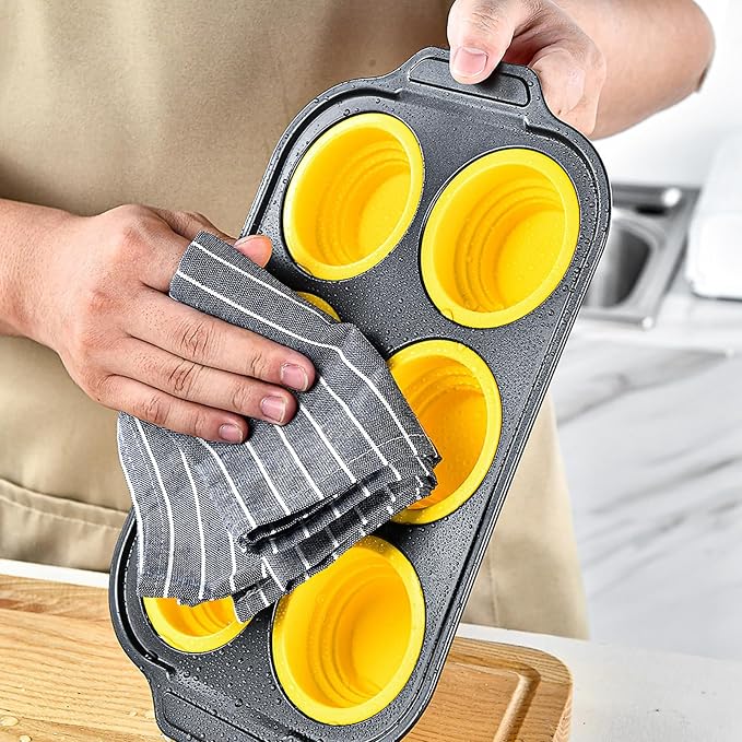 Zerodis Silicone Muffin Pan, Foldable Cupcake Baking Tray Non Stick Cake Maker Tray for Bread Tart Desserts Doughnut (Yellow)