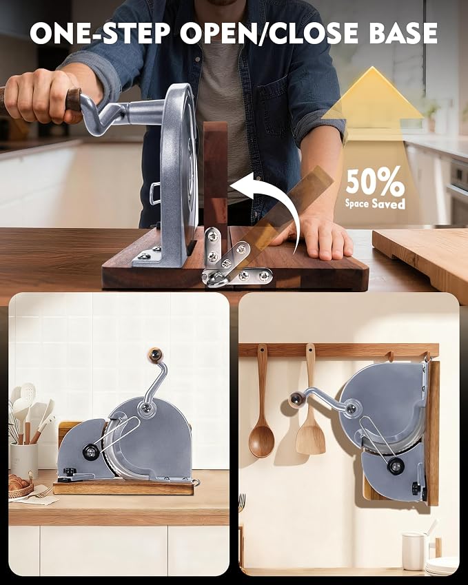 Foldable Manual Bread Slicer, Adjustable Slice, Hand-Cranked Bread Slicer with Ergonomic Handle, Hand Crank Cutter, Durable Aluminum Alloy Body And Sturdy Solid Wood Base-Grey