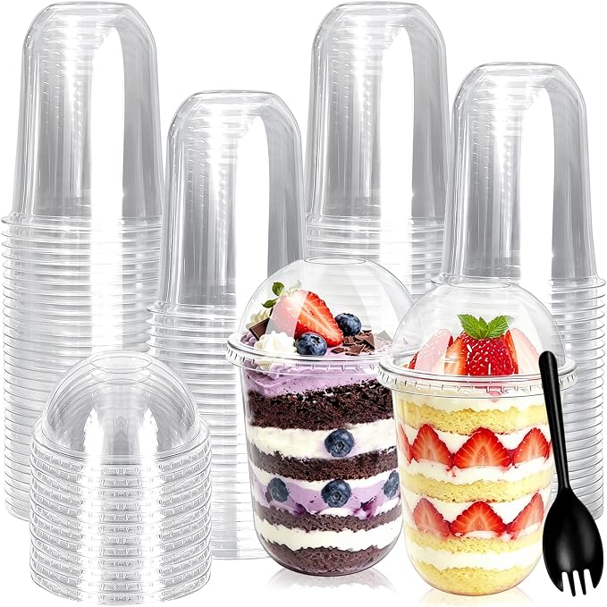 Jnnzzggu 100 Pack 16 oz Plastic Dessert Cups with Dome Lids (No Hole),Clear Disposable Ice Cream Cups with Sporks,Parfait Cups for Yogurt,Fruit,Pudding,Cakes,Dessert