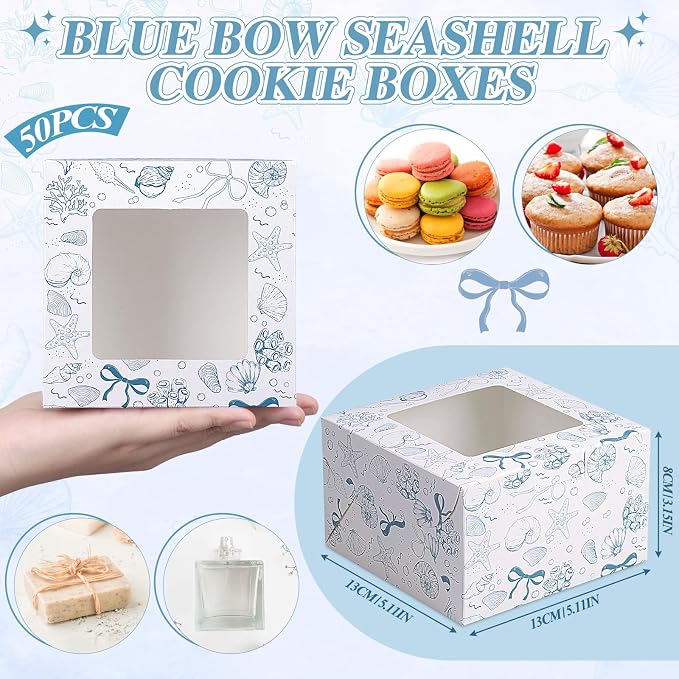 50 Pack Blue Seashell Cookie Boxes with Window, Blue Bow Coastal Nautical Treat Boxes for Beach Wedding, Baby Boy Shower & Under the Sea Party Bakery Favors for Cookies & Macarons