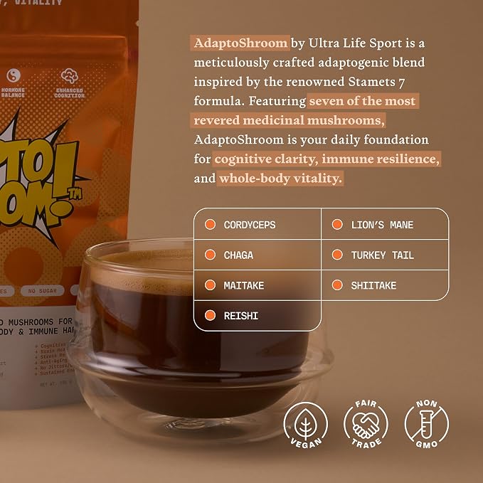Ultra Life Sport - AdaptoShroom 7 Adaptogenic Mushrooms - Organic Mushroom Supplement - Cordyceps, Lion’s Mane, Chaga, Turkey Tail, Maitake, Shiitake, & Reishi - Immunity Support Adaptogen Drink