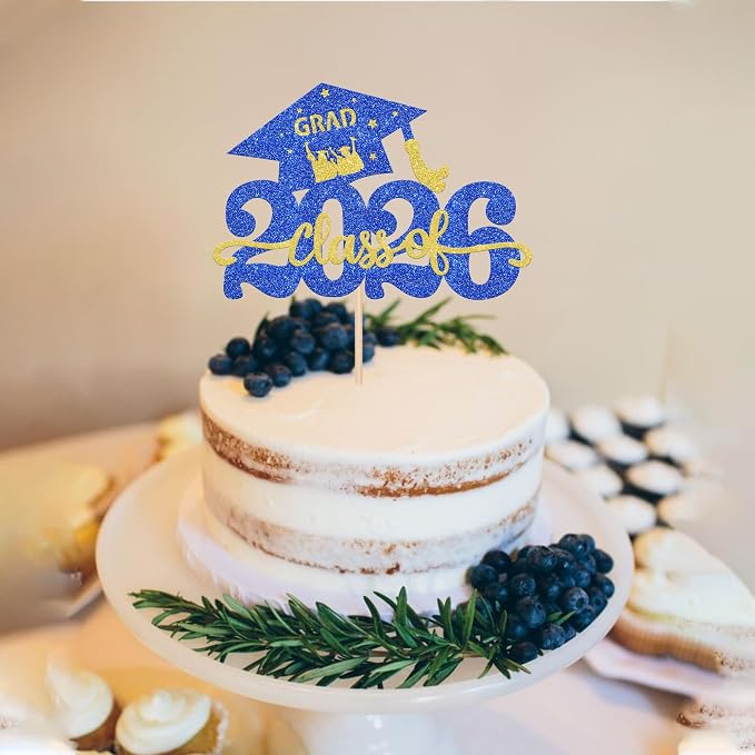 1 Pack Class of 2026 Cake Topper Glitter Congrats Grad Cap 2026 Graduation Cake Pick for 2026 Graduation Theme High School Graduate Party Cake Decorations Supplies Blue Gold